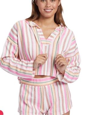 ROXY Wild and Free Striped Poncho Terry Baja Hoodie Pink Cream Orange L